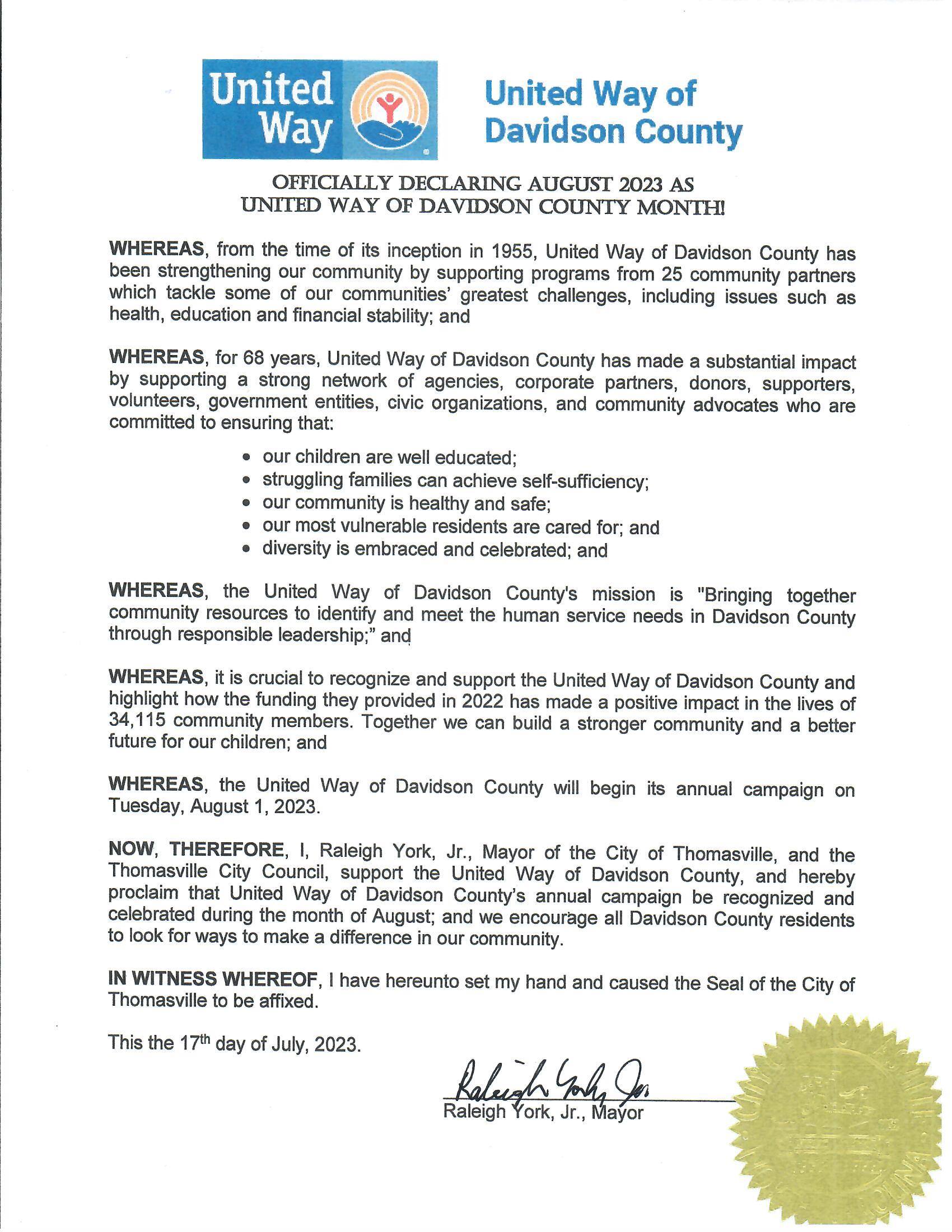 Declaration of Support of United Way DC Month Aug 2023